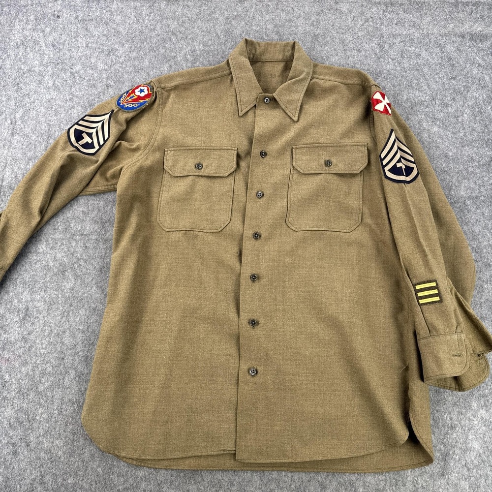 Vintage WWII US Army OD Wool Shirt Mens Ike Tech Sergeant Patches USA ADSEC